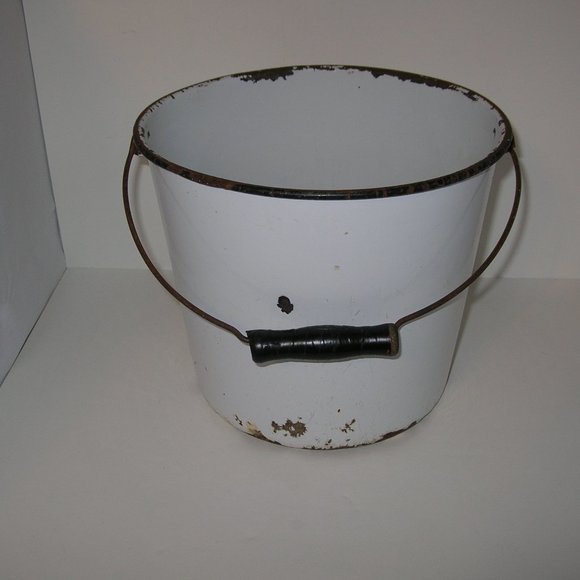 Antique VTG White Enamel Milk Bucket Apple Pail Planter Storage Granite ware Pot
